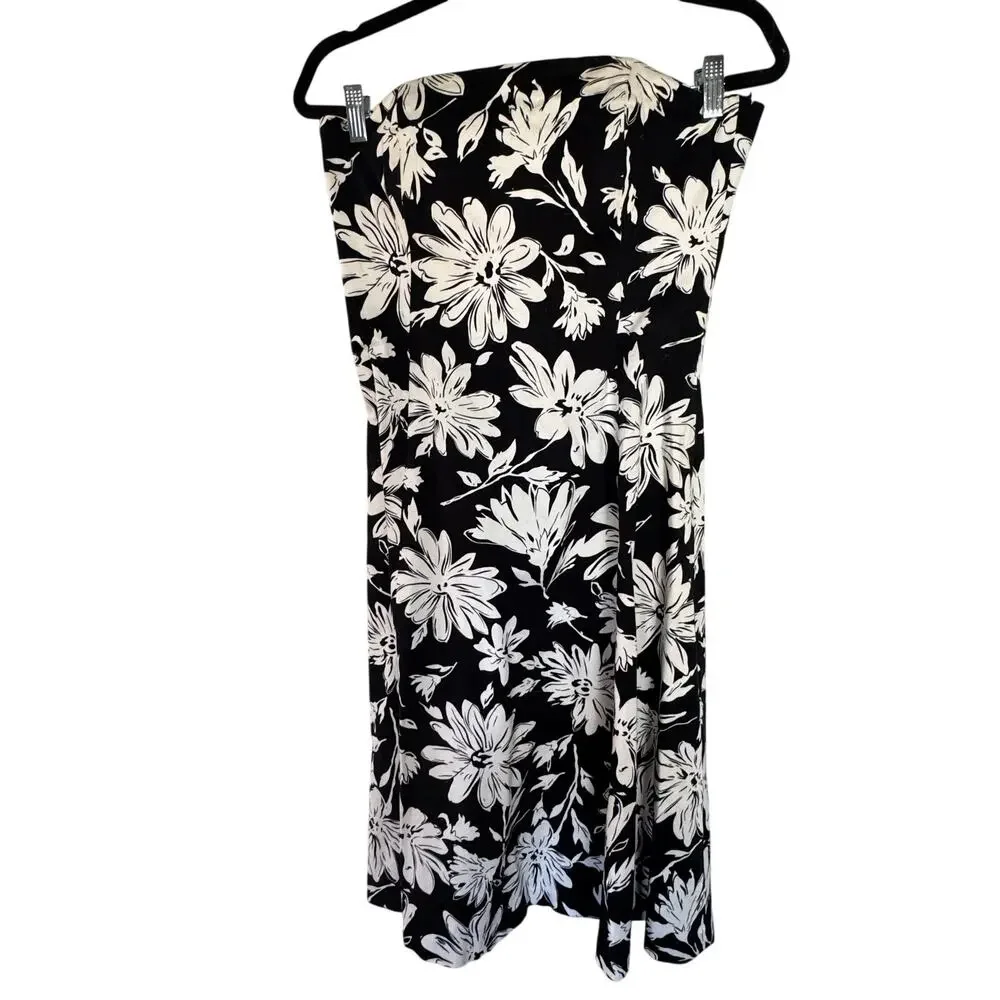 White House Black Market Dress Size 12 Black White Floral Midi A-Line Classic - Picture 5 of 10